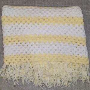 Handmade Crochet Baby Afghan Throw Blanket Yellow White Square Fringe Border